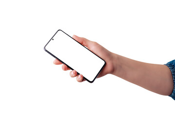 Aufkleber - Softly retouched hand shows a smart phone with an isolated screen and background. Modern phone with built-in screen camera