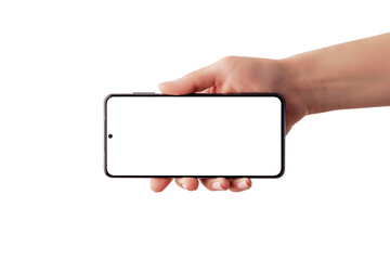 Leinwandbilder - Isolated smart phone in woman hand in horizontal position. App or web page desing presentation concept