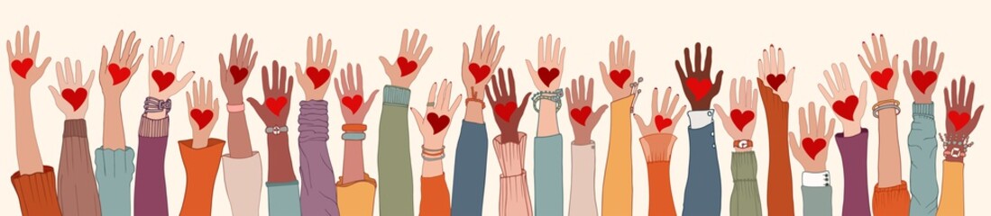 Wall Mural - Large Group of diverse people with heart in hand. Arms and hands raised. Charity donation and volunteer work. Support and assistance. People diversity. Multicultural community. Teamwork