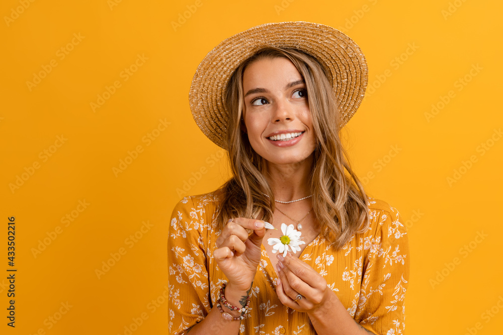 beautiful attractive stylish woman in yellow dress and straw hat の ...