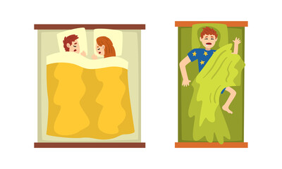 Sticker - Set of Sleeping People Lying in Bed, View From Above of People Slumbering at Night Cartoon Vector Illustration