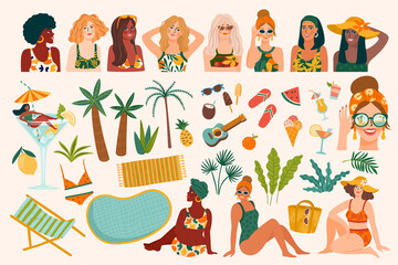 Wall Mural - Vector set of summer illustrations. Cute women, tropical beach, holliday, vacation, travel. Design elements