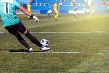 The goalkeeper taking a goal kick in a match