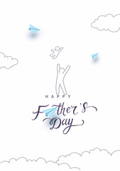 Wall Mural - Father's day postcard with blue paper flying airplanes, playing dad and child on white sky background. Vector doodle happy family pattern for greeting card design