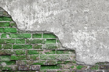 Wall Mural - Abstract Green Blocks Background With Brick Wall. Grungy Rough Damaged Wall.