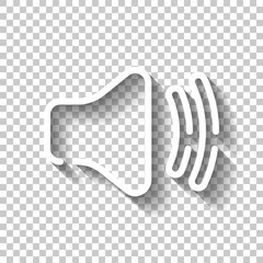 Simple volume icon, audio speaker, sound symbol. White linear icon with editable stroke and shadow on transparent background