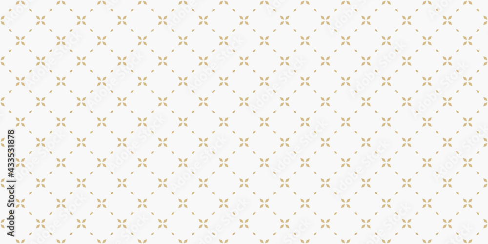 Golden minimal floral geometric seamless pattern. Simple vector white and gold abstract background with small flowers, tiny crosses, grid, lattice. Subtle minimalist repeat wide texture. Luxury design - obrazy, fototapety, plakaty 