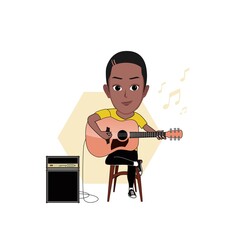 Wall Mural - vector illustration of cartoon caricature of black man sitting singing and playing guitar isolated on white background.