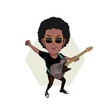 cartoon caricature vector illustration of a black man with glasses clenching his fists while playing an electric guitar isolated on a white background.