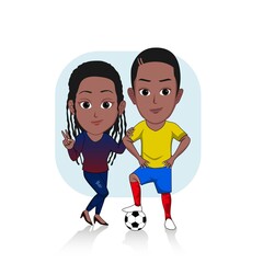 Wall Mural - vector illustration of cartoon caricature of a black footballer posing with a woman isolated on white background.