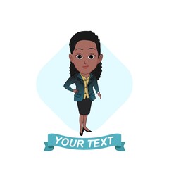 Wall Mural - vector illustration of cartoon caricature of a black career woman standing in office uniform isolated on white background.