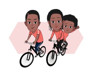 Wall Mural - cartoon caricature of black family vector illustration cycling together isolated on white background.