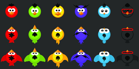 Wall Mural - vector birds sprite asset for mobile or pc game. top view graphics element for arcade dash game