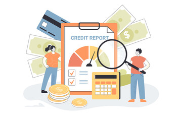 Wall Mural - tiny people with credit report. cartoon characters checking finances, document with information abou