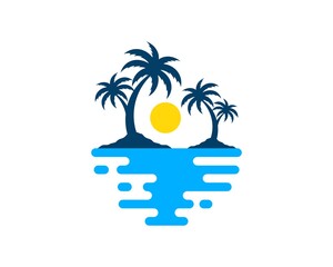 Sticker - Abstract blue sea with land of palm tree and yellow sunset