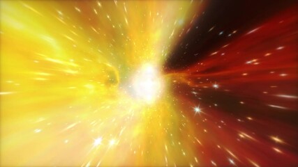 Wall Mural - 3d abstract jump in space in hyperspace tunnel. space travel flight in glow yellow orange light worm