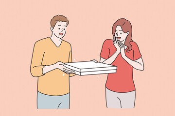 Wall Mural - Pizza order delivery concept. Young smiling positive man and woman standing with ordered delivered pizza food and feeling happy hungry vector illustration 