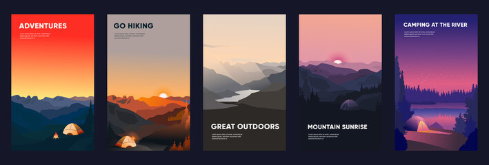 collection of mountain and river landscapes for banner, web site, social media. editable vector illu