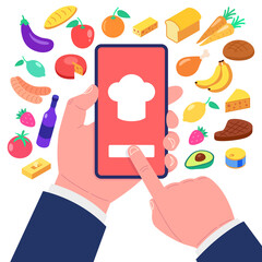 Wall Mural - cooking app on smartphone screen. food icons set. vector illustration.