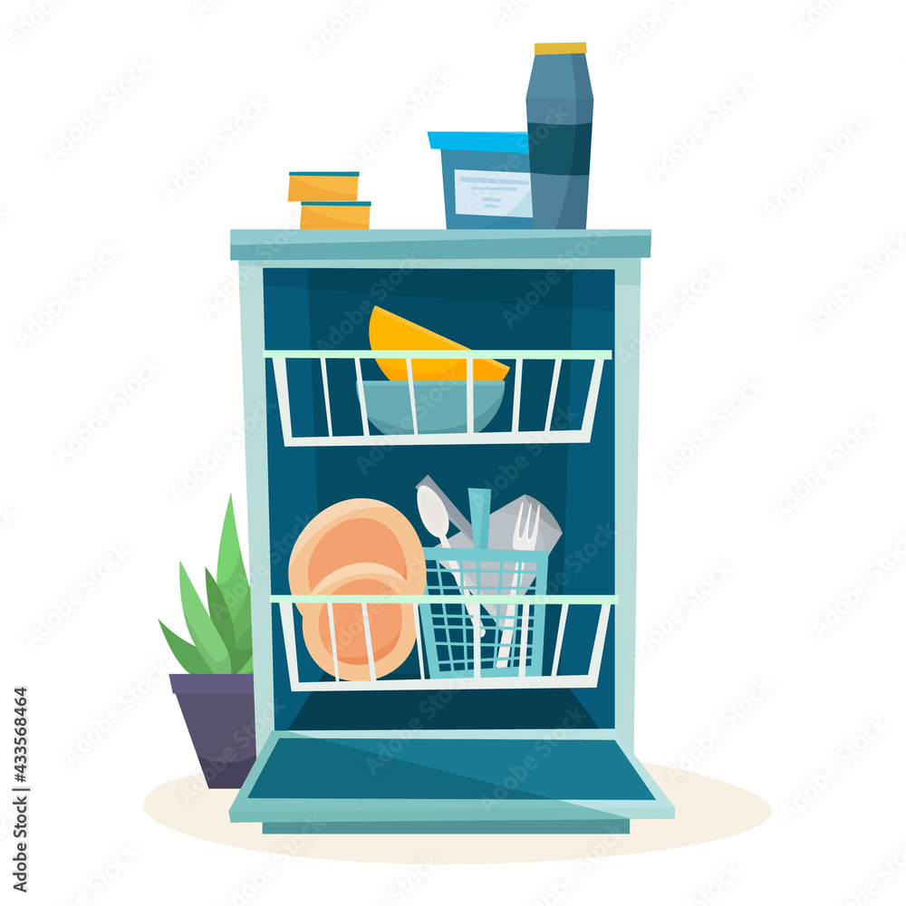Open dishwasher with clean dishes. . Vector illustration Stock Vector |  Adobe Stock, image size:1000x1000