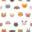 Seamless childish pattern with cute smiley animal faces. Creative baby texture for fabric, nursery, textile, clothes. Flat design