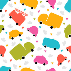 Wall Mural - Cute seamless pattern with transport. Cartoon background for children. Hand drawn flat cars. Nursery style for kids