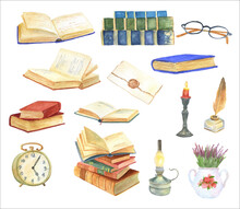 Watercolor Vintage Library, Open Books And A Stack Of Books. An Antique Quill Pen And Ink, An Old Lamp, And A Candle Holder. Hand Drawn Illustration For Ancient Literature