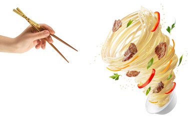 Wall Mural - Noodles with vegetables and meat in the form of a tornado. Hand with wooden sticks and a bowl with noodles, red peppers, carrots, onions and meat.