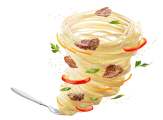 Wall Mural - Noodles with vegetables and meat in the form of a tornado. Fork with noodles, red peppers, carrots, onions and meat. Clipping path.