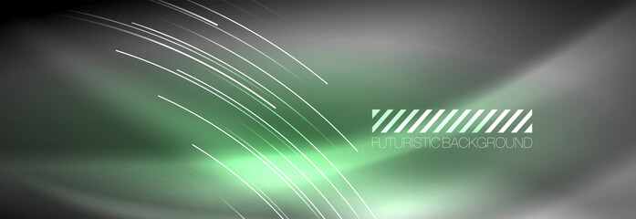 Neon glowing lines, magic energy and light motion background. Vector wallpaper template