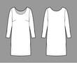 © Vectoressa - Dress shift chemise technical fashion illustration with long sleeves, oversized body, knee length pencil skirt. Flat apparel front, back, white color style. Women, men unisex CAD mockup