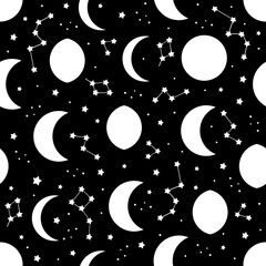 Wall Mural - black seamless pattern with moon phase and stars