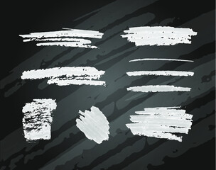 Wall Mural - vector chalk texture brush strokes set, white chalk texture on black board background.