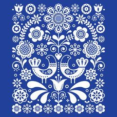 Poster - Scandinavian cute folk art vector decoration with birds and flowers, Scandinavian floral pattern in white on navy blue
