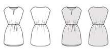 Dress Tunic Technical Fashion Illustration With Tie, Sleeveless, Oversized Body, Mini Length Skirt, Slashed Neck. Flat Apparel Front, Back, White, Grey Color Style. Women, Men CAD Mockup