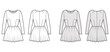 © Vectoressa - Dress short technical fashion illustration with long sleeve, fitted body, mini length full skirt. Flat apparel front, back, white, grey color style. Women, men unisex CAD mockup