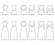 © Vectoressa - Set of dresses short long technical fashion illustration with long medium short sleeve, fitted body, floor length full skirt. Flat apparel front, back, white color style. Women, men unisex CAD mockup