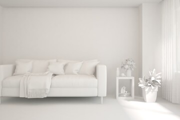 White minimalist living room with sofa. Scandinavian interior design. 3D illustration