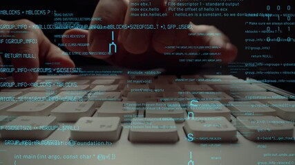 Creative visual of computer programming coding and software development shown by man working on computer keyboard with overlay of computer graphic displaying abstract program codes and computer script