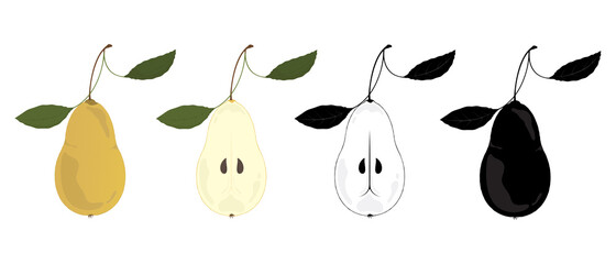 Pear in two versions - whole pear and half pear, two color types - full color and black and white isolated on white background.