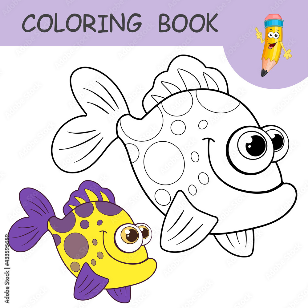 Coloring book with cute exotic Fish. Colorless and color samples ocean ...