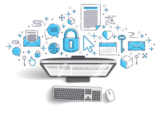 Computer with statistics infographics and set of icons, online business, internet electronic finances, vector design.