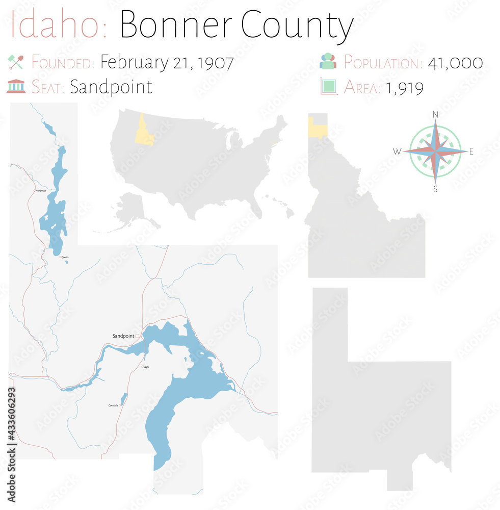 Large and detailed map of Bonner county in Idaho, USA. Stock Vector ...