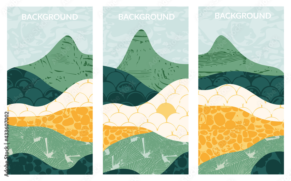 Abstract green field landscape poster collection. Set of natural eco ...