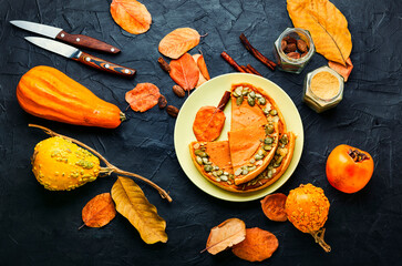 Sticker - Homemade autumn pumpkin pie,flat lay