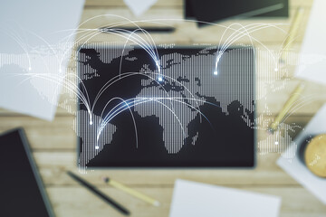 Sticker - Double exposure of abstract digital world map with connections and digital tablet on background, top view, research and strategy concept