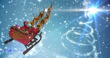 Composition Of Santa Claus In Sleigh Pulled By Reindeer With Snow Falling On Blue Background