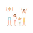 © AKSP - Family portrait. Happy family standing together with raised hands. Smiling parents and child isolated on white background. Colorful vector illustration in flat style
