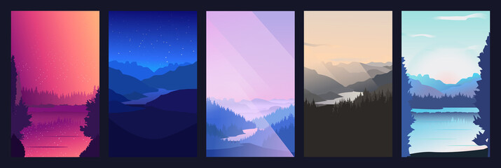 Collection of mountain and river landscapes for banner, web site, social media. Editable vector illustration with summer night and morning beautiful scenery