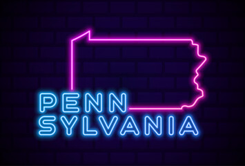 Canvas Print - pennsylvania US state glowing neon lamp sign Realistic vector illustration Blue brick wall glow